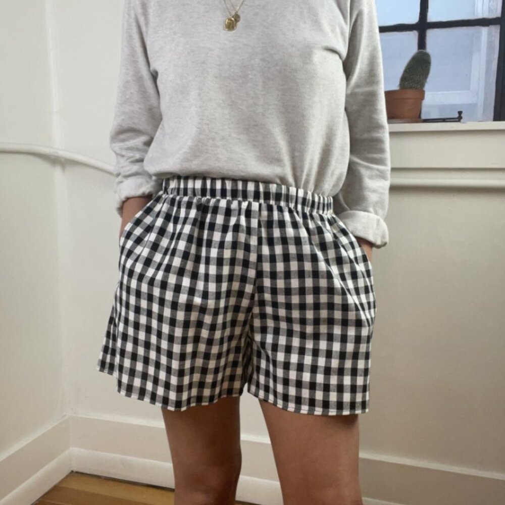 NLT No Less Than Black White Gingham Shorts Elastic Waist Cotton/Linen Medium